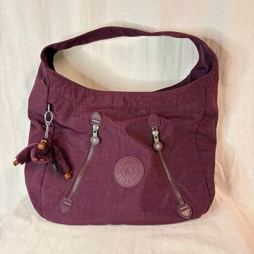 Kipling Live.Light Purple Hobo Shoulder Bag Monkey Charm Nylon Tote